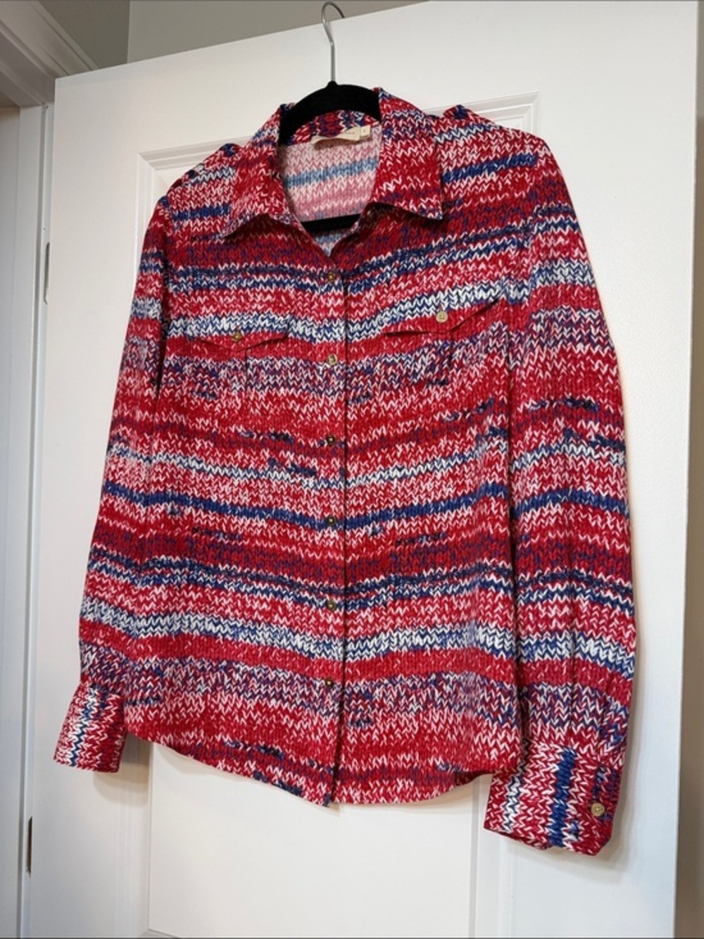 Like New Tory Burch KnitLook Print Button Front Red White Blue Preppy Blouse